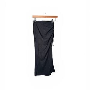 Bershka Black Linen Blend Cinched Maxi Skirt Side Slit Size XS